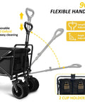Heavy Duty Foldable Wagon Cart With 300 Lb Load Capacity side view showing adjustable handle and 600D Oxford fabric, black.