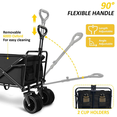 Heavy Duty Foldable Wagon Cart With 300 Lb Load Capacity side view showing adjustable handle and 600D Oxford fabric, black.