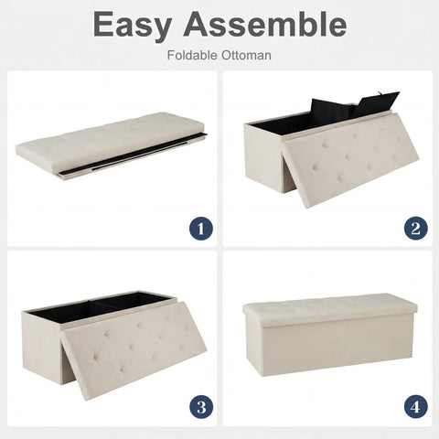 Foldable Storage Ottoman Bench With Padded Seat And Built In Chest assembly steps showing foldable design and storage capacity.