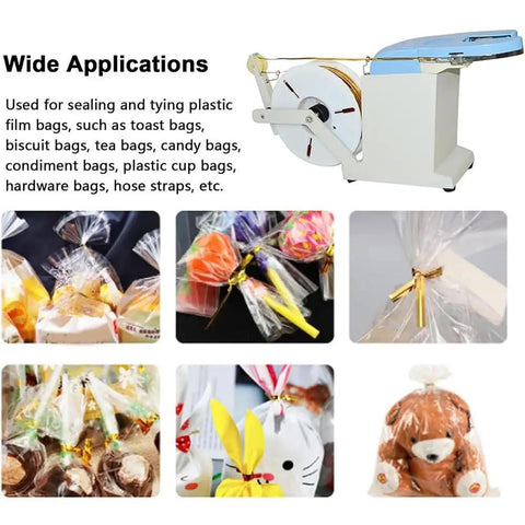No Sweat Electric Semi Automatic Bag Closure Machine Twist Tie Bundler For Food Packaging Total Breeze twisting tool with various packaged items.