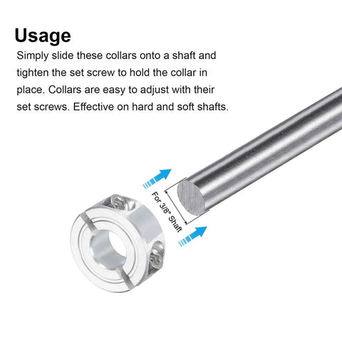 Diagram showing installation of Two Pack Double Split Clamp On Shaft Collar For 3/8 Inch Shaft, 7/8 Inch Outer Diameter, 11/32 Inch Thick Aluminum