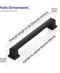 Matte Black Cabinet Pulls 5 Inch 128mm Hole Centers Zinc Alloy Drawer Handles with dimensions shown for kitchen cabinets