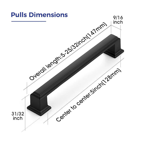 Matte Black Cabinet Pulls 5 Inch 128mm Hole Centers Zinc Alloy Drawer Handles with dimensions shown for kitchen cabinets