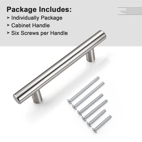 Six Pack Three Inch Hole Center Brushed Nickel T Bar Cabinet Pulls Stainless Steel Kitchen Cabinet Handles with screws
