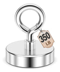 Neodymium lifting magnet with eye bolt, 350 lb capacity; front view, chrome finish.
