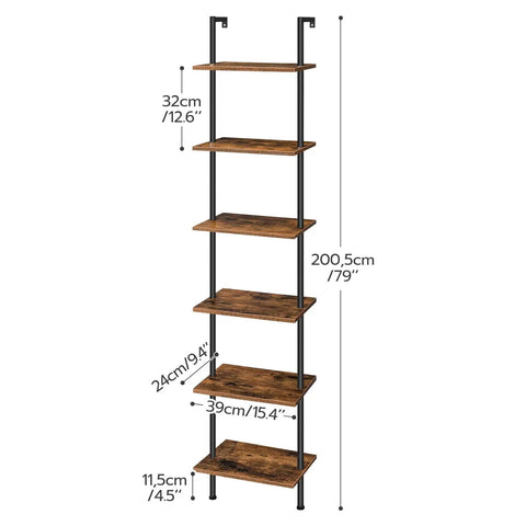 Top Tier 6 Tier Ladder Shelf Wall Mounted Wooden Bookcase Rustic Brown Black Storage Rack Plant Display Stand Killer Quality Game Changer Space Saver For Living Room Or Bedroom