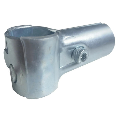 Close-up of a Six Pack End Rail Clamp for Three Quarter Inch EMT Conduit, galvanized stainless steel T clamp, DIY racks use.