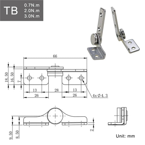 Cabinet door hinge, 304 stainless steel damping, TB-right 2.0 N·m torque, non-adjustable, 1 piece (front/side view).