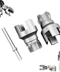 Heavy Duty PVC Pipe Threading Tool Kit For 1/2 And 3/4 Inch Lines Cut Internal External Threads Fast With Standard Drill components including two cutting heads and adapter.