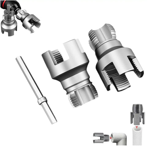 Heavy Duty PVC Pipe Threading Tool Kit For 1/2 And 3/4 Inch Lines Cut Internal External Threads Fast With Standard Drill components including two cutting heads and adapter.