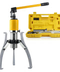Heavy Duty Hydraulic Bearing Puller With 10 Ton Capacity For Knuckle Saver Auto Repair shown with yellow case and chrome jaws.
