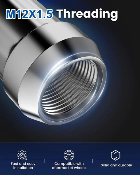 Close-up of chrome 12x1.5 lug nut threading with text overlay, highlighting compatibility with aftermarket wheels for easy installation.