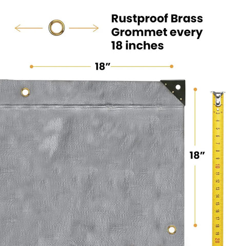 Rustproof brass grommets 18 inches apart on Built Tough Heavy Duty Poly Tarp Cover 16 Mil And 10 Mil. Size 20x30 Ft.