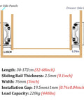 Diagram of Soft Close Drawer Slides Heavy Duty 76mm Rails For Pull Out Shelves And Cabinets 50 Inch Length with measurements.