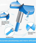 Blue woodworking hinge-hole drill bit with hexagonal shank and steel blade.