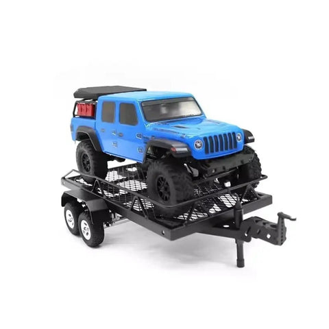 Heavy Duty 1 24 Scale Metal Trailer Cargo Carrier Diy Rc Car Upgrade Parts Badass Rugged Off Road Hauling Accessory with blue jeep.
