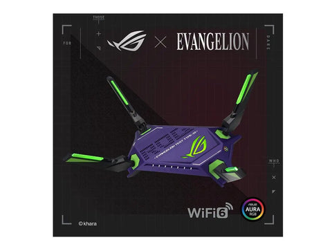 Rog Rapture GT AX6000 EVA Edition Dual Band WiFi 6 Gaming Router with dual 2.5G WAN LAN ports in purple and green design