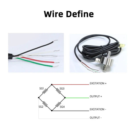 Mini Load Cell Double Bolt Force Sensor with wiring diagram; for Tension And Compression, 10kg, 50kg, 100kg Capacities