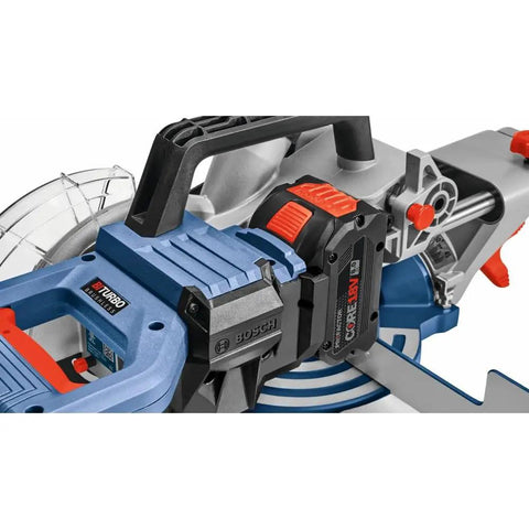 ProFactor Mobile Cordless 18 Volt Sliding Miter Saw with Single Bevel Lightweight on jobsite, close-up view of motor and handle