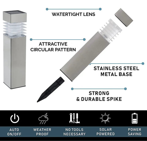 Eight Pack Solar Pathway Lights With Auto On Off Led Outdoor Landscape Lighting weatherproof features and components illustration