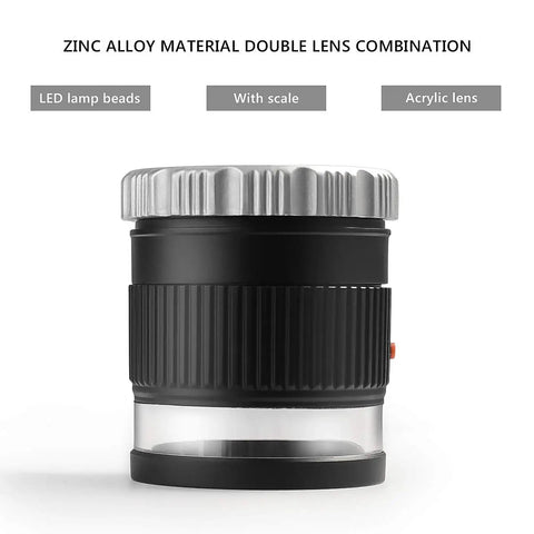 Side view of 30X Loupe Magnifier With Adjustable Focal Length And Foldable Design for textiles and crafts, shown with zinc alloy lens.