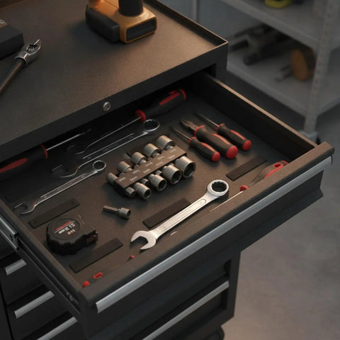 Genuine 9-Piece Drive Socket Set Made From Heavy Duty Chrome Vanadium Steel Bits Perfect For Impact Drivers And Drills To Handle High Torque Automotive Repairs Plus Appliance Maintenance With Durable Black Finish That Stays Tough Through Rough Jobs, in drawer