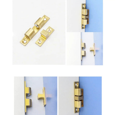 Double Ball Cabinet Door Catch With Adjustable Tension Roller Latch for small cabinets, copper body shown from different angles