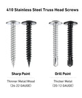 Black Self Tapping Screws Assortment Kit 190 Pieces Stainless Steel 410 Self Drilling Screws For Metal Wood Plastic With Truss Head Eight By One Half Inch Eight By Three Quarters Inch Eight By One Inch showing both sharp and drill point screws.