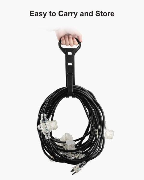 50 Foot Outdoor Extension Cord With Six Outlets And Weatherproof Safety Cover ETL Listed indicating built-in organizer for easy storage