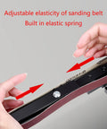 Hands adjusting the sanding belt tension on the Heavy Duty Grinder To Belt Sander Converter for precise sanding tasks.