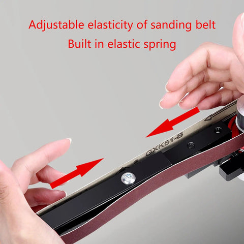 Hands adjusting the sanding belt tension on the Heavy Duty Grinder To Belt Sander Converter for precise sanding tasks.
