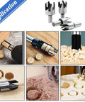 Ridiculously Tough Carbon Steel Wood Plug Cutter Drill Bits Eight Piece showing various applications for wood crafting.
