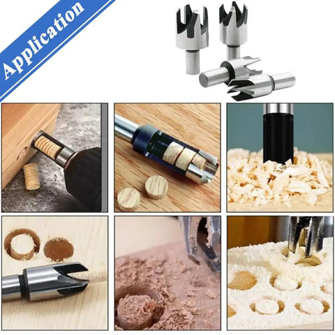 Ridiculously Tough Carbon Steel Wood Plug Cutter Drill Bits Eight Piece showing various applications for wood crafting.