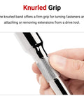 Close-up of knurled grip on Half Inch Drive Extension Set, 18 And 24 Inch Lengths, Chrome Plated, held in hand.