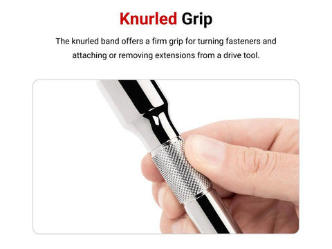 Close-up of knurled grip on Half Inch Drive Extension Set, 18 And 24 Inch Lengths, Chrome Plated, held in hand.
