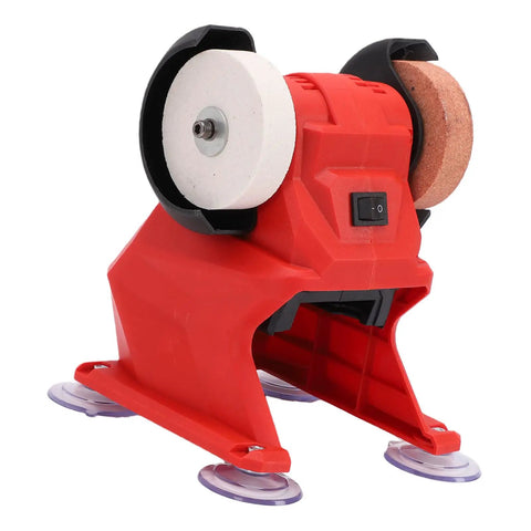 Heavy Duty Mini Bench Grinder With 3mm Steel Guard For Robust Grinding And Polishing. Features dual corundum wheels and stable base.