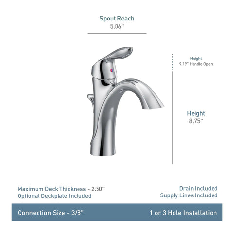 Eva Chrome One Handle Bathroom Sink Faucet With Optional Deck Plate For 1 Or 3 Hole Installation with measurements shown