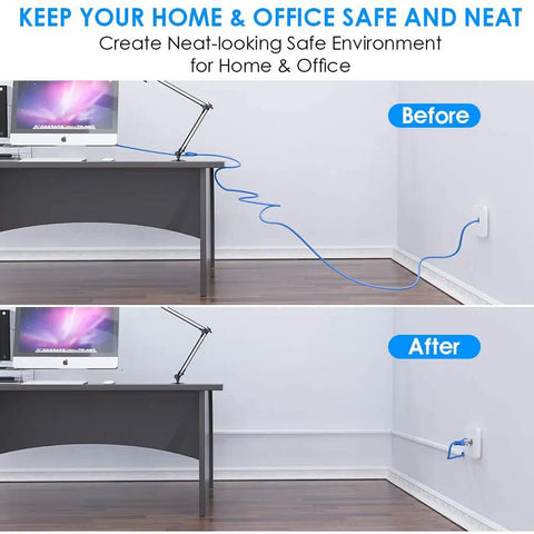 Before and after of desk area using 128 Inch Cord Hider For One Cord Self Adhesive Cable Wire Cover On Wall White Plug And Play Easy