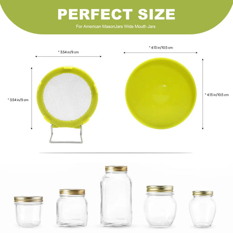 Top Shelf Wide Mouth Mason Jar Sprouting Kit includes yellow mesh cover and drip tray, suitable for alfalfa seeds and microgreens.