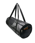 Mesh Duffel Dive Bag For Scuba Gear Foldable And Heavy Duty With Zipper showing black mesh and zipper pocket.
