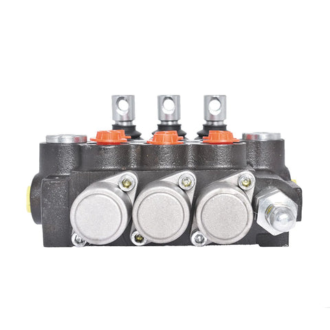 waltyotur Monoblock hydraulic directional control valve, 3-spool, 13 GPM, SAE ports, black body with three silver caps