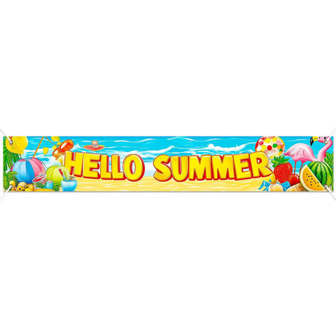 Hello Summer Banner 118 By 20 Inches Outdoor Beach Theme Party Decor With Flamingo And Tropical Fruit Design For Fence Or Backyard Or Poolside Luau Party Supplies Bright Colorful Summer Celebration Sign