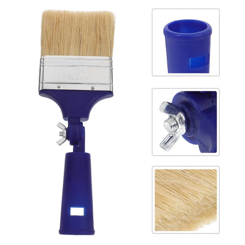 Adjustable 3 Inch Paint Brush With 270 Degree Angled Head And 2.6 Cm Aperture, shown with close-ups of bristles and blue handle