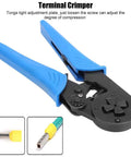 Top Shelf Self Adjusting Ratchet Ferrule Crimping Tool Kit with 45 Steel Body And Ergonomic Handles For Precise Wire Ends Crimping Connectors, blue handles