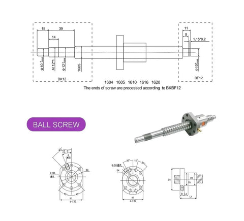 Technical drawing of 16mm Ballscrew Sfu1610 1550mm Length C7 Grade Lead Screw With Single Ballnut for CNC use.