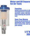 Heavy Duty Inline Air Water Separator For Spray Guns And Pneumatic Tools, Blocks Moisture And Particles Cold, Quarter Inch Npt Fitting, Keeps Your Compressor Setup Squeaky Clean, 90 Psi, 4 Pack - clear body with blue top, 1/4 inch NPT fitting.