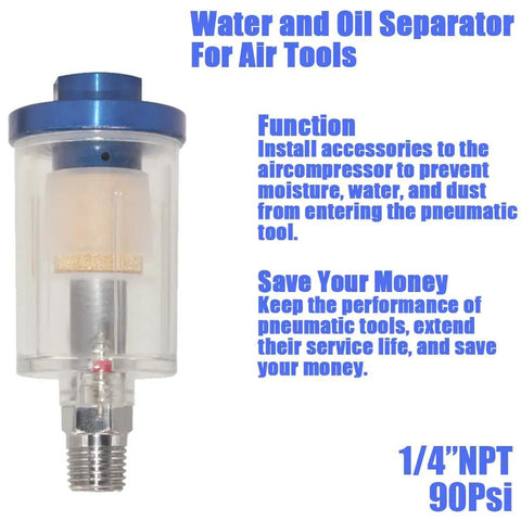 Heavy Duty Inline Air Water Separator For Spray Guns And Pneumatic Tools, Blocks Moisture And Particles Cold, Quarter Inch Npt Fitting, Keeps Your Compressor Setup Squeaky Clean, 90 Psi, 4 Pack - clear body with blue top, 1/4 inch NPT fitting.