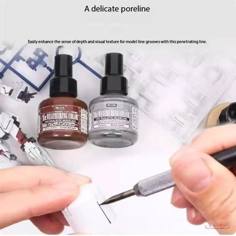 Hands applying Next Level Panel Wash Liner Fluid For Model Kits And Military Dioramas, Easy Flow Weathering Wash For Deep Panel Lines, Quick Dry Enamel Paint, 40ml on scale model.