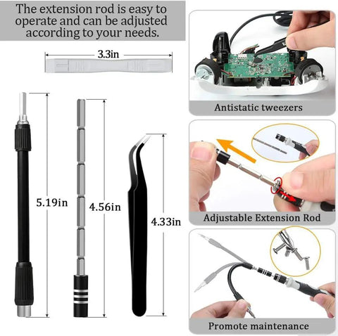 The Badass 138-In-1 Precision Screwdriver Kit With Magnetic Tips And Stripped Screw Extractors, Hacks Stripped Screws Like A Boss, Slick Tech Repair Kit For iPhones MacBooks Laptops PS5 Watches In Compact Case, showing extension rod and antistatic tweezers.