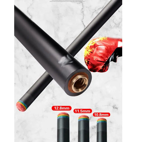 Deadly Strike Carbon Fiber Pool Cue Stick With Maple Shaft Tech Anti Vibration Build showing 10.8mm, 11.5mm, and 12.8mm tips.